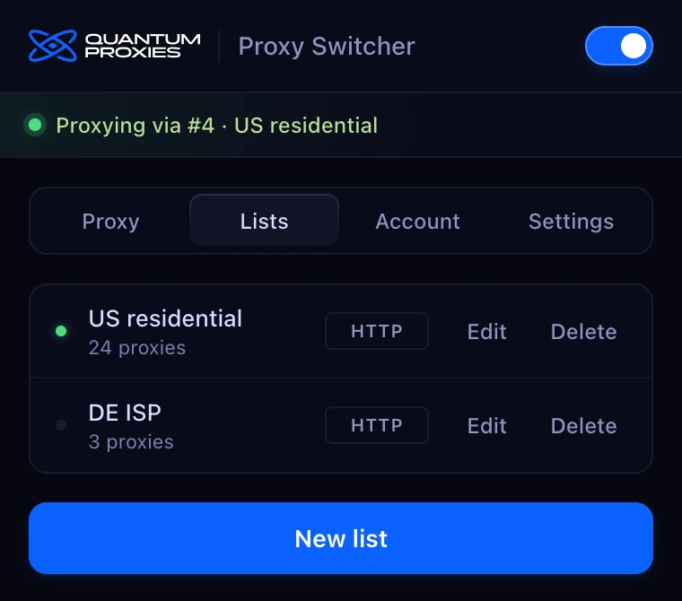 Quantum Proxy Switcher lists tab with two proxy lists, US residential and DE ISP