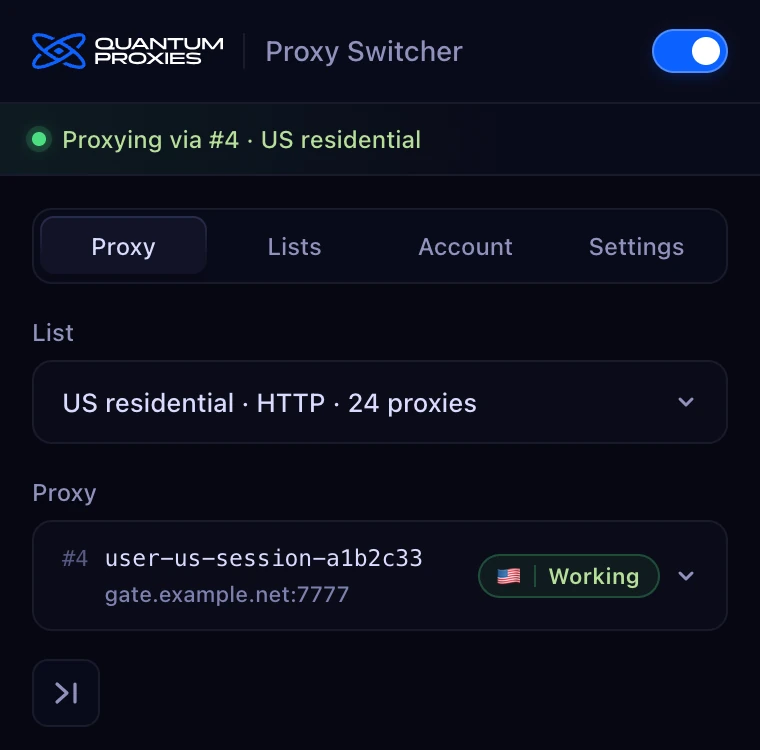 Quantum Proxy Switcher popup: a US residential list with proxy #4 selected, marked Working with a US flag