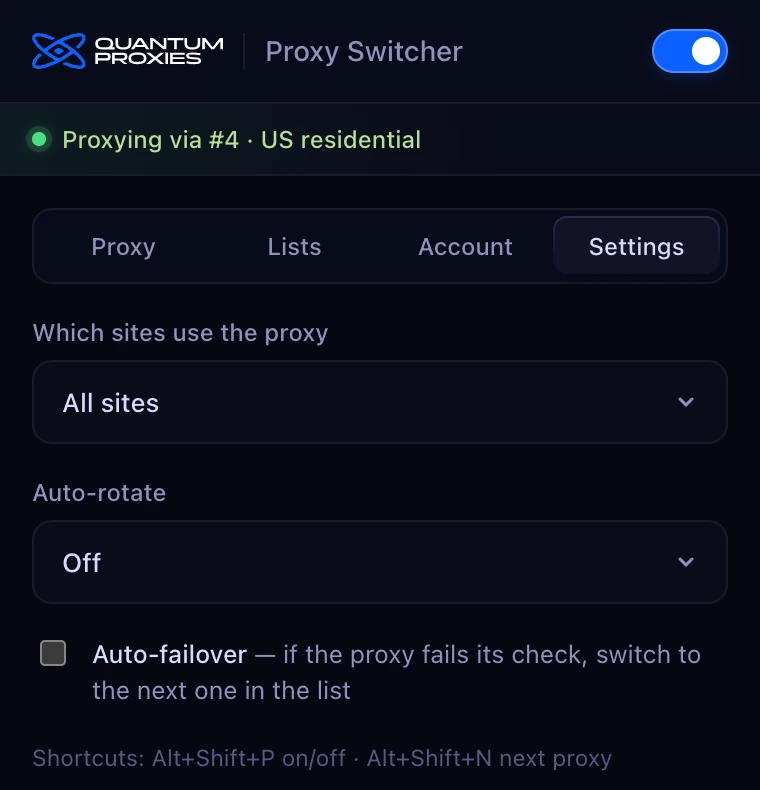 Quantum Proxy Switcher settings: which sites use the proxy, auto-rotate and auto-failover